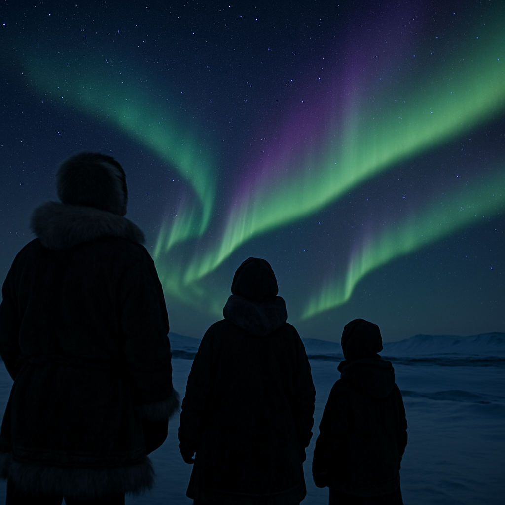 A snowy Arctic landscape at night with vivid green